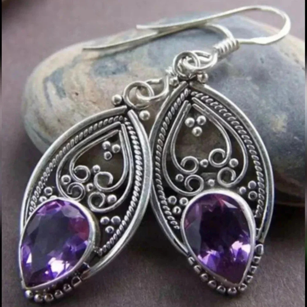 Ornate Filigree Silver Plated Dangle Earrings - Synthetic Stone